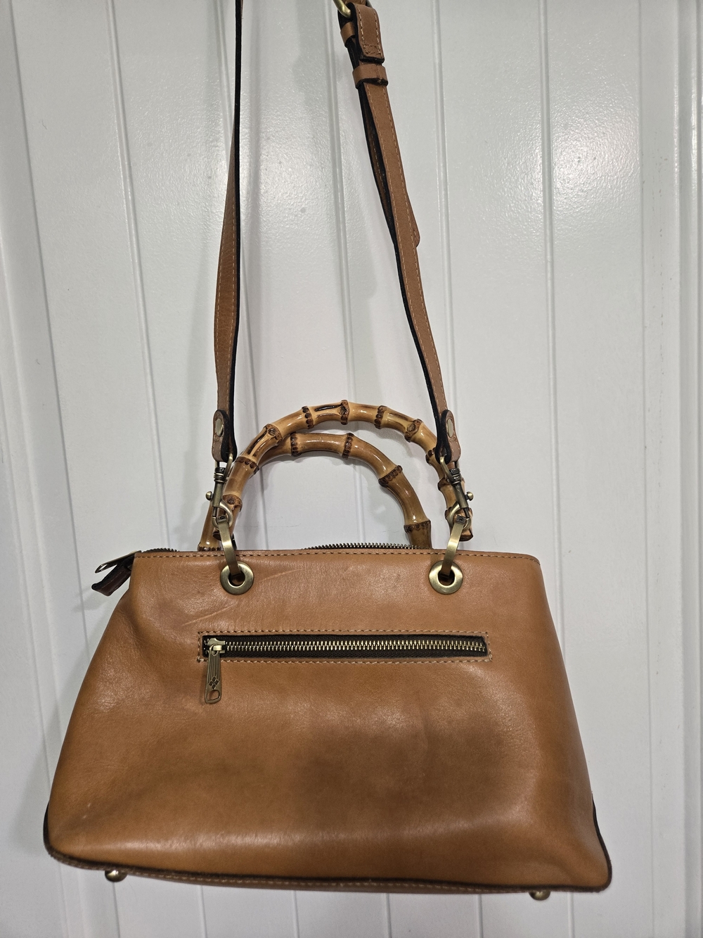 Patricia Nash Tan Leather Bamboo-Handle Satchel with Shoulder Strap